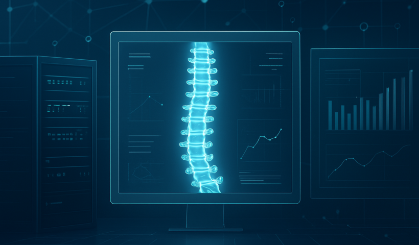 Digital display of a spine with charts in a tech environment