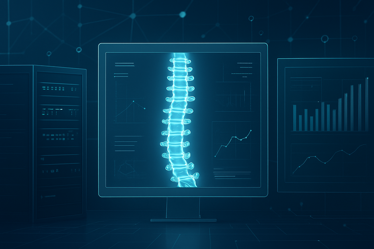 Digital display of a spine with charts in a tech environment